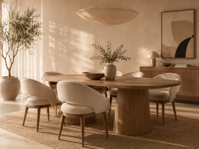 Sala de jantar contemporânea com mesa redonda em madeira e cadeiras estofadas