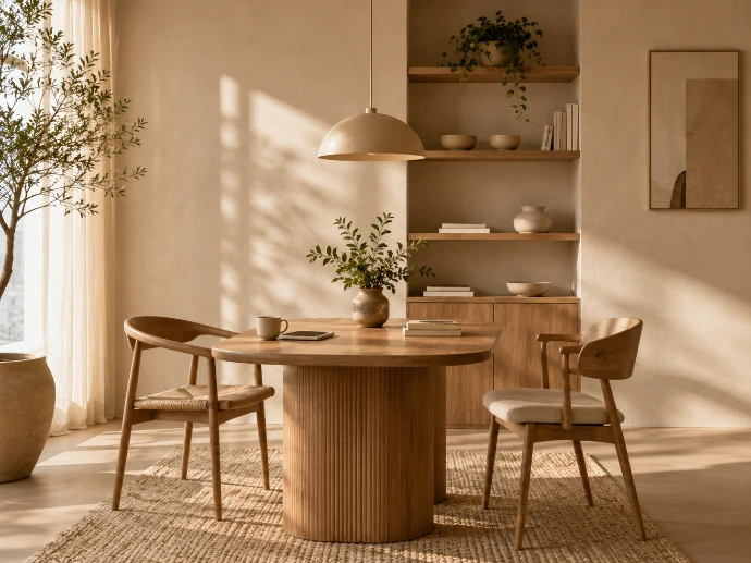 Sala de jantar com mesa redonda em madeira, cadeiras e estante decorativa