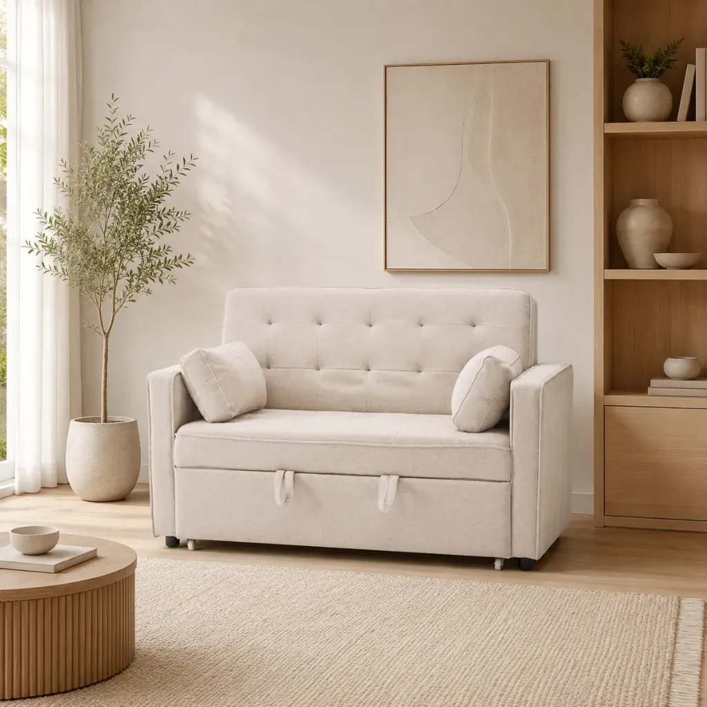 [DF-483-BG] Sofá-cama BRUNO de 2 lugares com extensão frontal e capitoné (Bege)