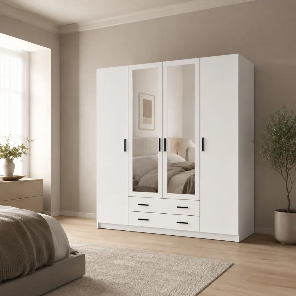 Roupeiro RAY branco com 4 portas, espelho e 2 gavetas — 200 cm