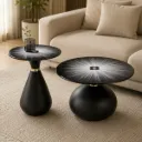 Conjunto de mesas de centro ASTER com vidro decorado e bases pretas