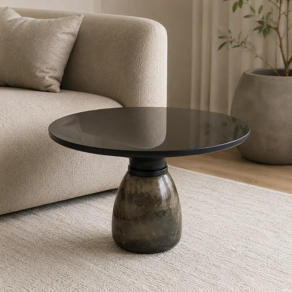 Mesa de centro NOCTA com vidro preto e base fumada