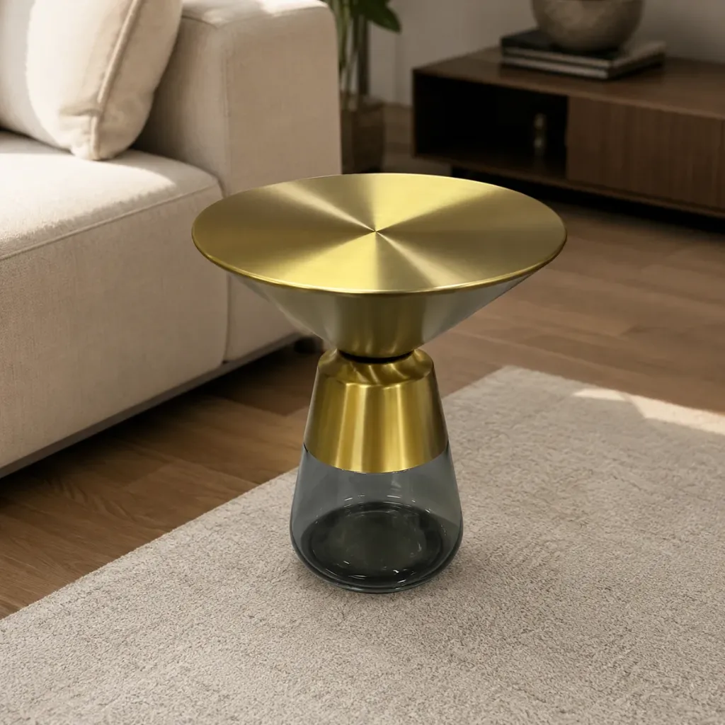 [ST2551G] Mesa de apoio AUREA em metal dourado escovado e vidro fumado
