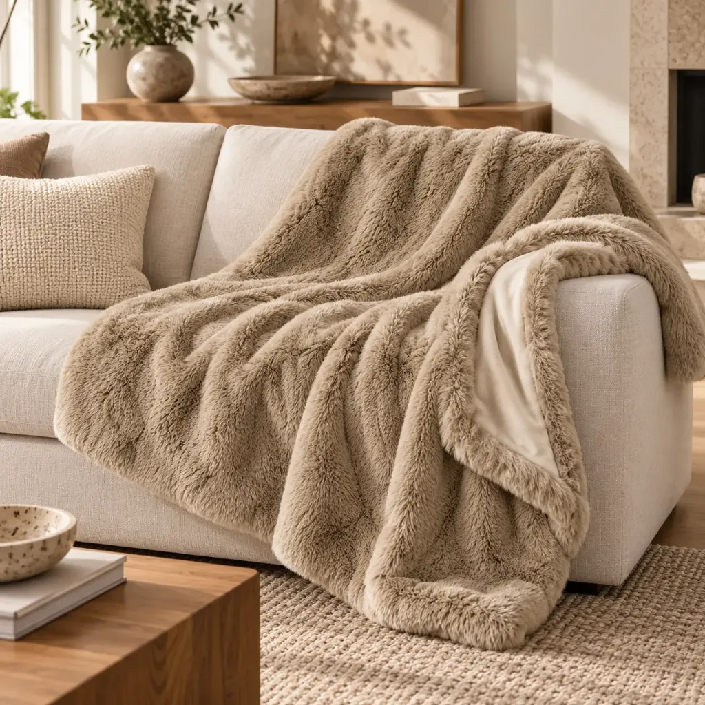 Alaska Throw L — Manta em Pelo Sintético (Bege)