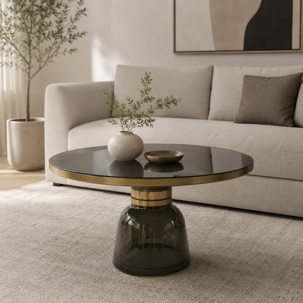Mesa de centro RIVOLI com vidro fumado e detalhes dourados (Dourado)