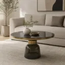 Mesa de centro RIVOLI com vidro fumado e detalhes dourados