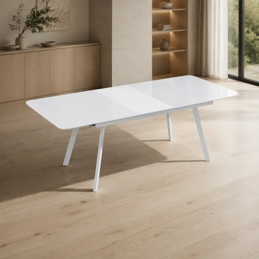 [KJT221] Mesa de jantar extensível VIENA 160–200 cm em branco brilho