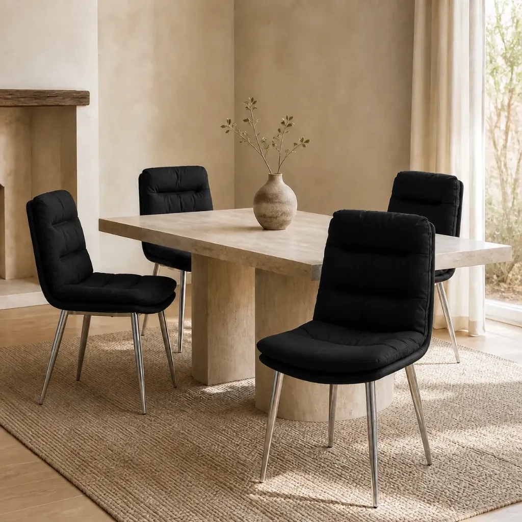 [DC-509-PT-CR] Cadeira de jantar CONFORTO estofada com encosto alto (Preto, Cromado)
