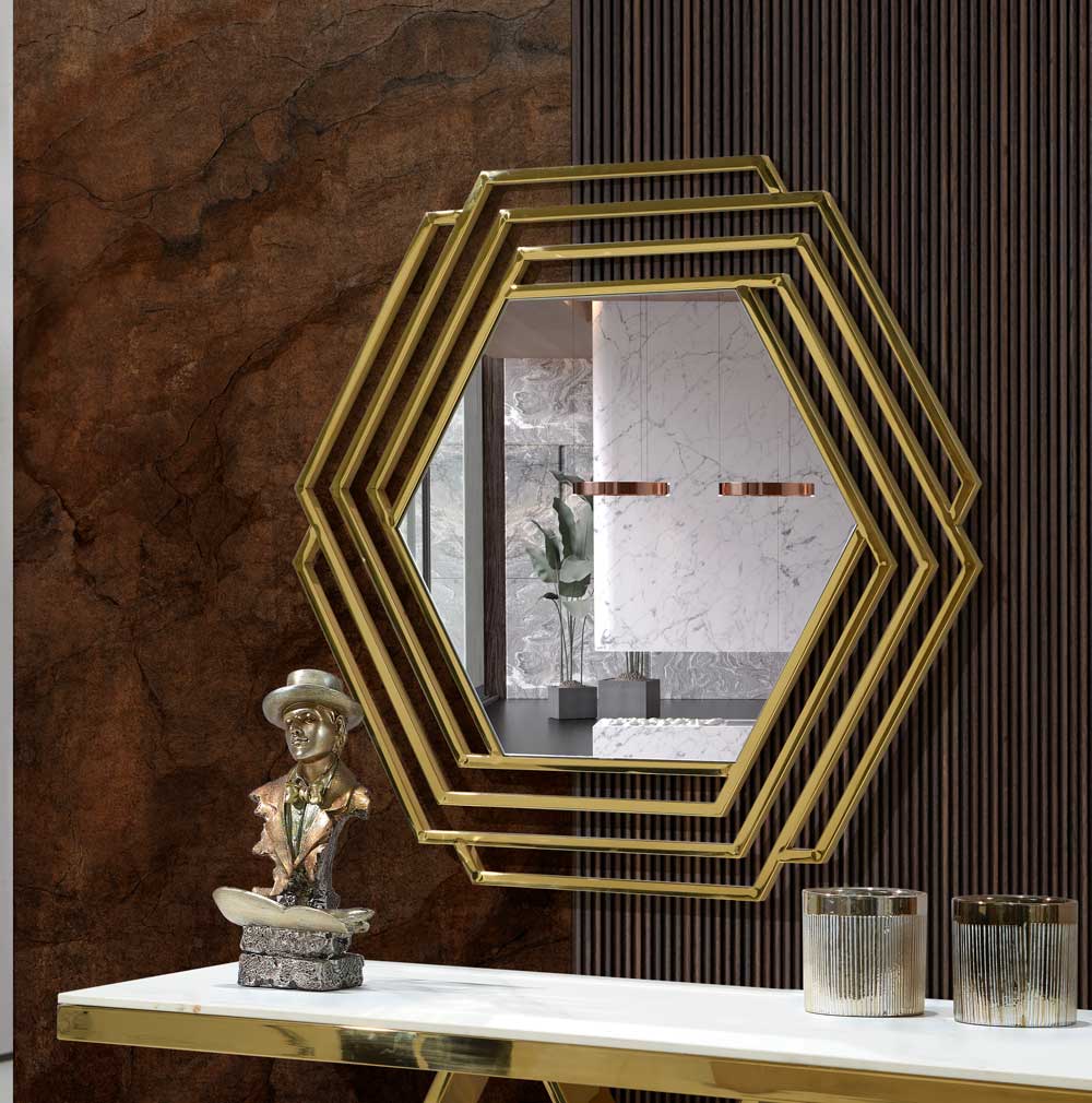 Espelho decorativo GLAMOUR com moldura geométrica dourada